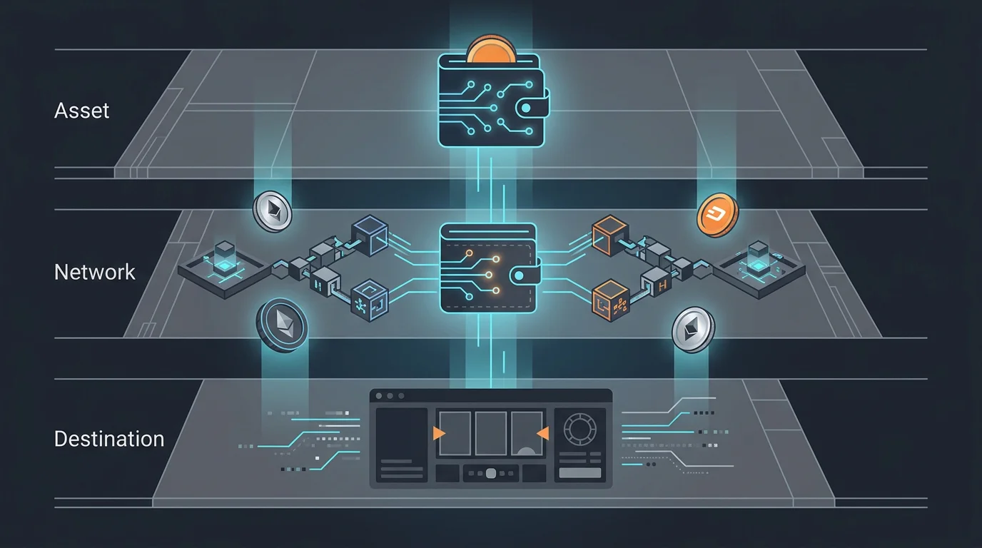 Ilustración conceptual de criptomonedas, redes blockchain y una wallet como capas separadas