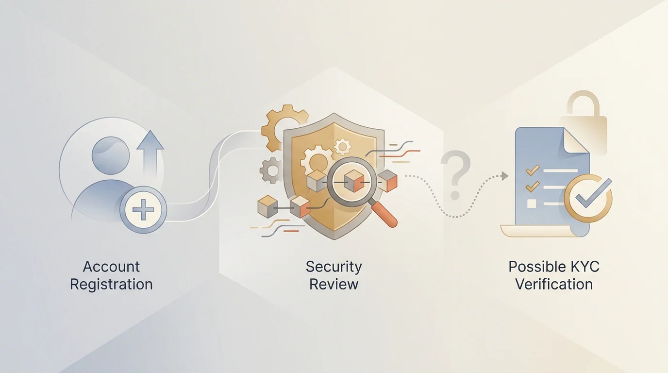 Ilustración editorial de un flujo de cuenta con registro, revisión de seguridad y posible verificación KYC sin documentos específicos