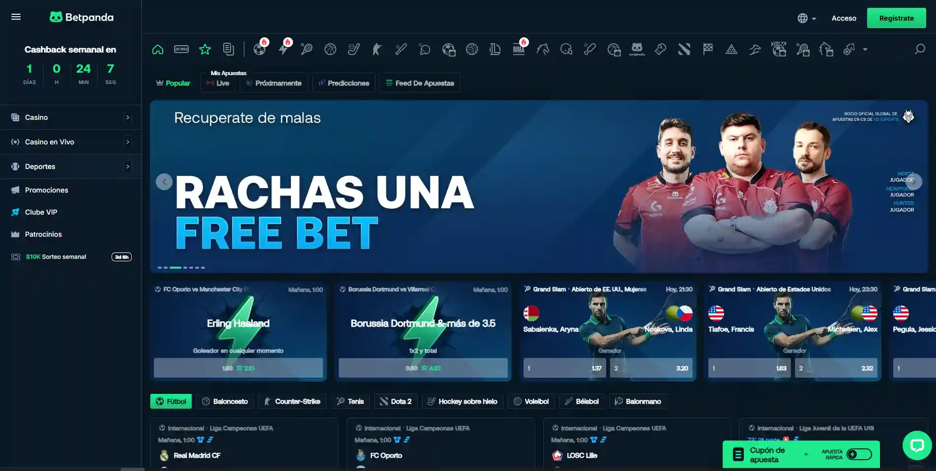Captura real de la sección actual de deportes o eSports de BetPanda