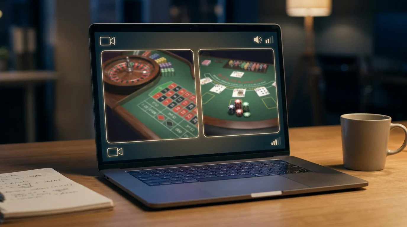 Ilustración editorial genérica de una sesión de casino en vivo con ruleta y blackjack en una pantalla de portátil