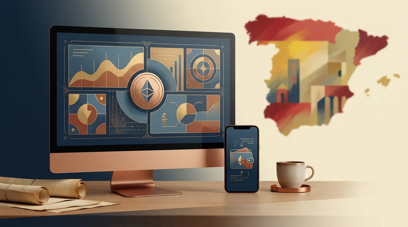 Ilustración editorial de un casino cripto en escritorio y móvil con una referencia abstracta a España